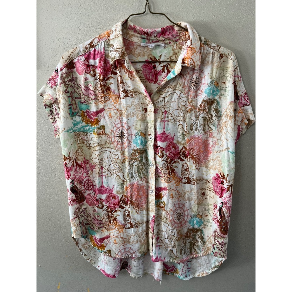 JANE + DELANCEY Blouse Map Floral Print Women L Multicolor Rayon Linen Boho Top